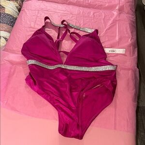 Pink Strappy Swimsuit with Silver Accents